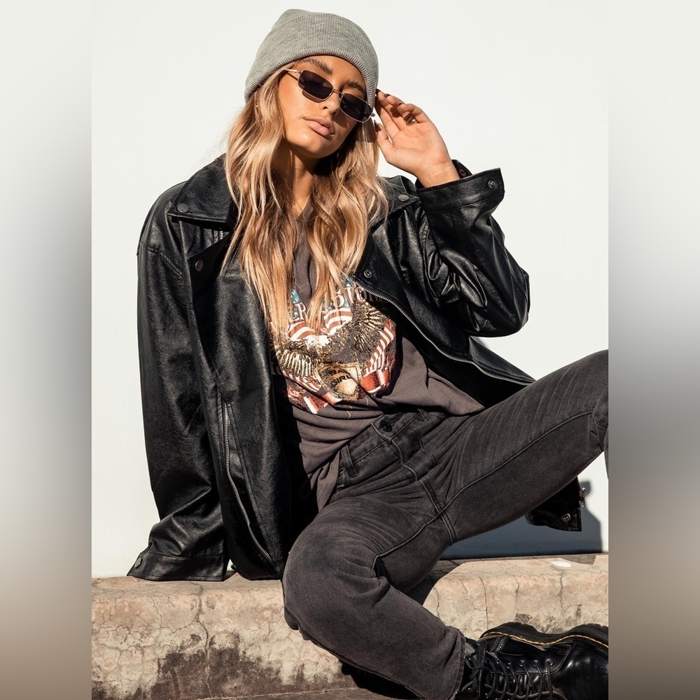 Princess Polly Next In Line Faux Leather Biker Jacket Black Moto Oversized S/M - Picture 1 of 11